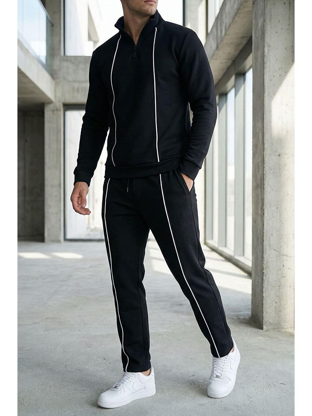 Siyah Erkek Yarım Fermuarlı Polo Yaka Şardonlu Sweat Bel Lastikli Pantolon İkili Takım