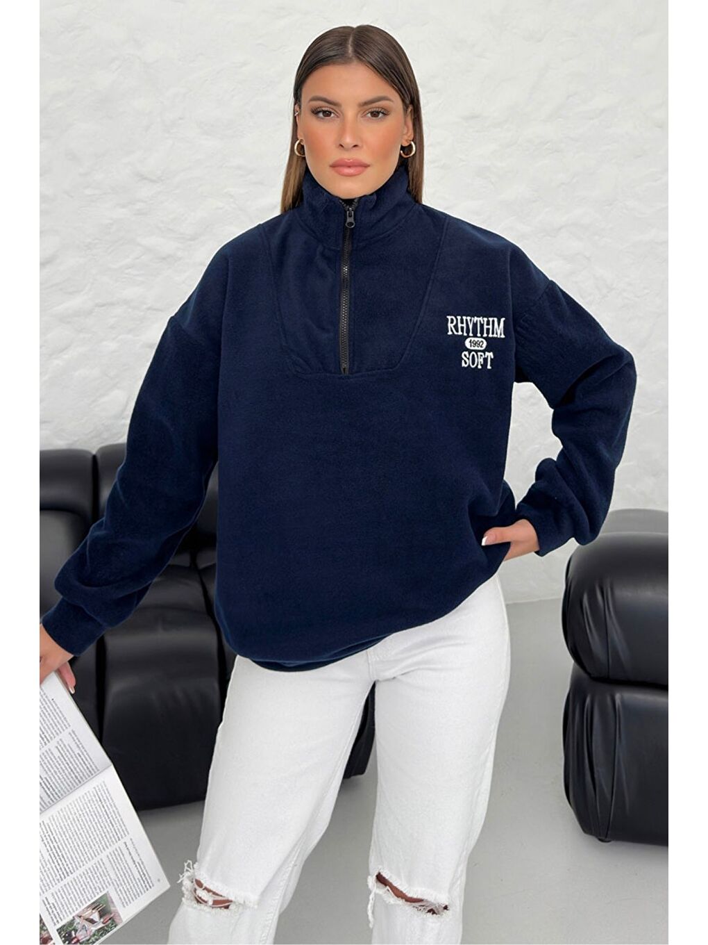 Lacivert Kadın Laci Rhythm Soft Baskılı Oversize Yarım Fermuarlı Yumuşak Dokulu Polar Polo Yaka Sweatshirt