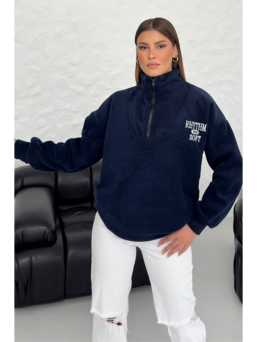 Lacivert Kadın Laci Rhythm Soft Baskılı Oversize Yarım Fermuarlı Yumuşak Dokulu Polar Polo Yaka Sweatshirt-2