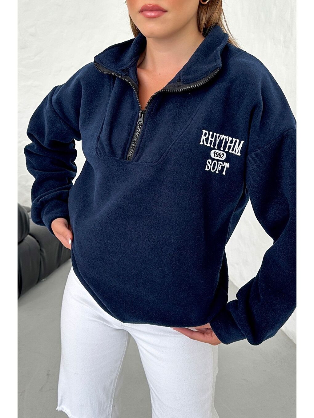 Lacivert Kadın Laci Rhythm Soft Baskılı Oversize Yarım Fermuarlı Yumuşak Dokulu Polar Polo Yaka Sweatshirt-3