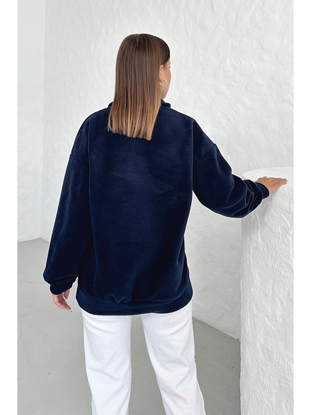 Lacivert Kadın Laci Rhythm Soft Baskılı Oversize Yarım Fermuarlı Yumuşak Dokulu Polar Polo Yaka Sweatshirt-5