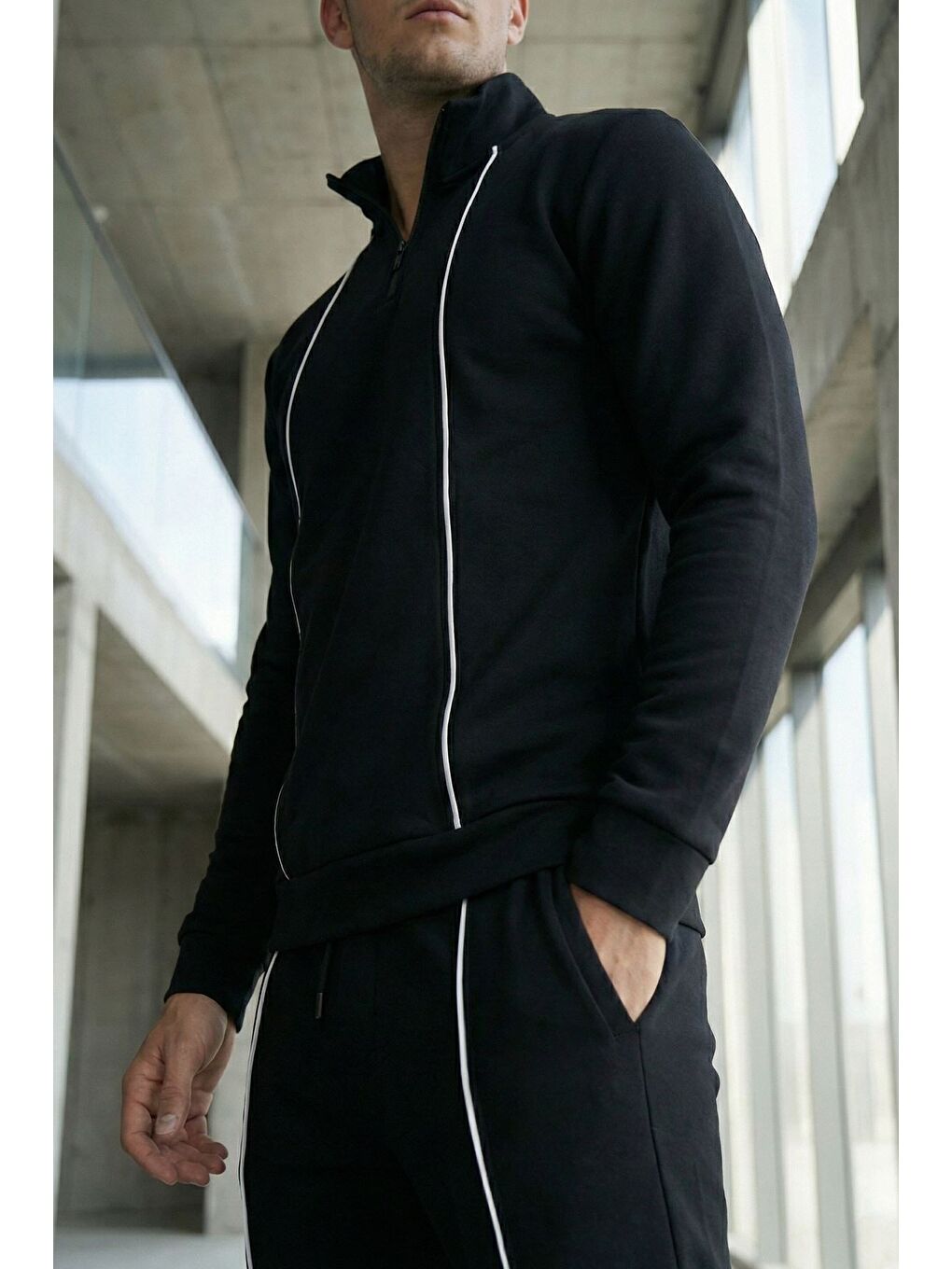 Siyah Erkek Yarım Fermuarlı Polo Yaka Şardonlu Sweat Bel Lastikli Pantolon İkili Takım-1