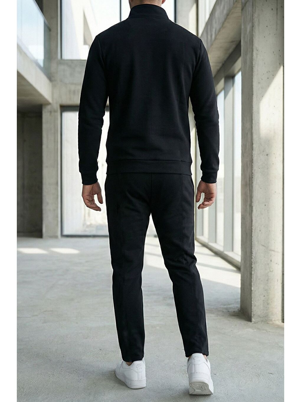 Siyah Erkek Yarım Fermuarlı Polo Yaka Şardonlu Sweat Bel Lastikli Pantolon İkili Takım-2