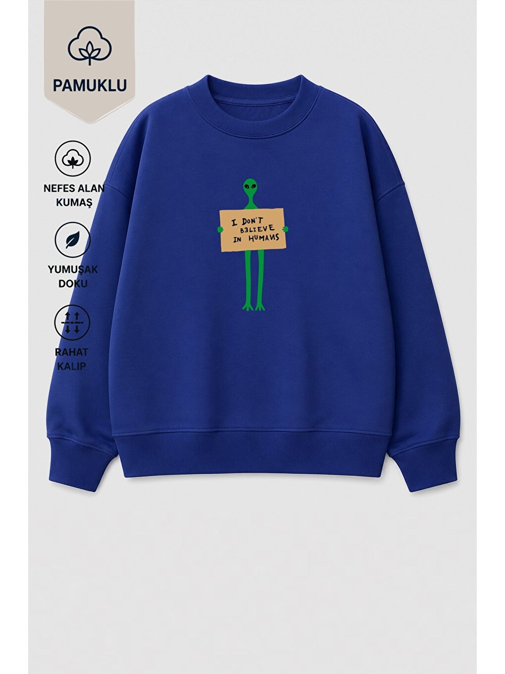 Lacivert Erkek Çocuk 3 İplik Kumaş Uzaylı Baskılı Pamuklu Sweatshirt-2