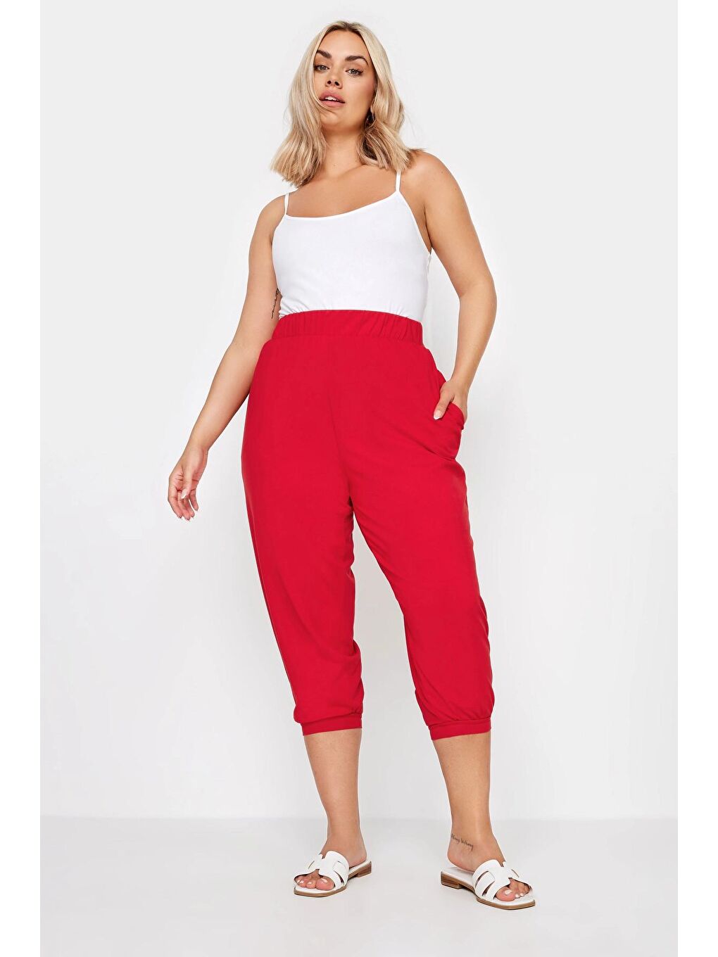 Stil Diva Kırmızı Büyük Beden Paçası ve Beli Lastik Detaylı Cepli Jogger Pantolon 303211