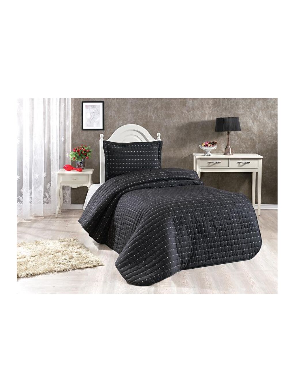 Dublin Tek Kişilik Kapitoneli Yatak Örtüsü Siyah-1