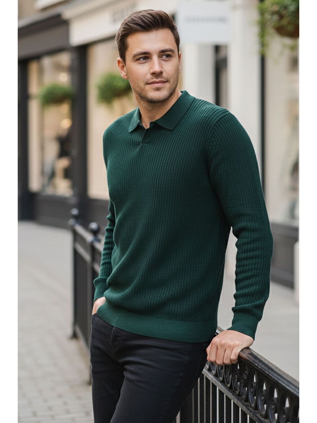 Yeşil Erkek Polo Yaka Elastanlı Triko Kazak-1