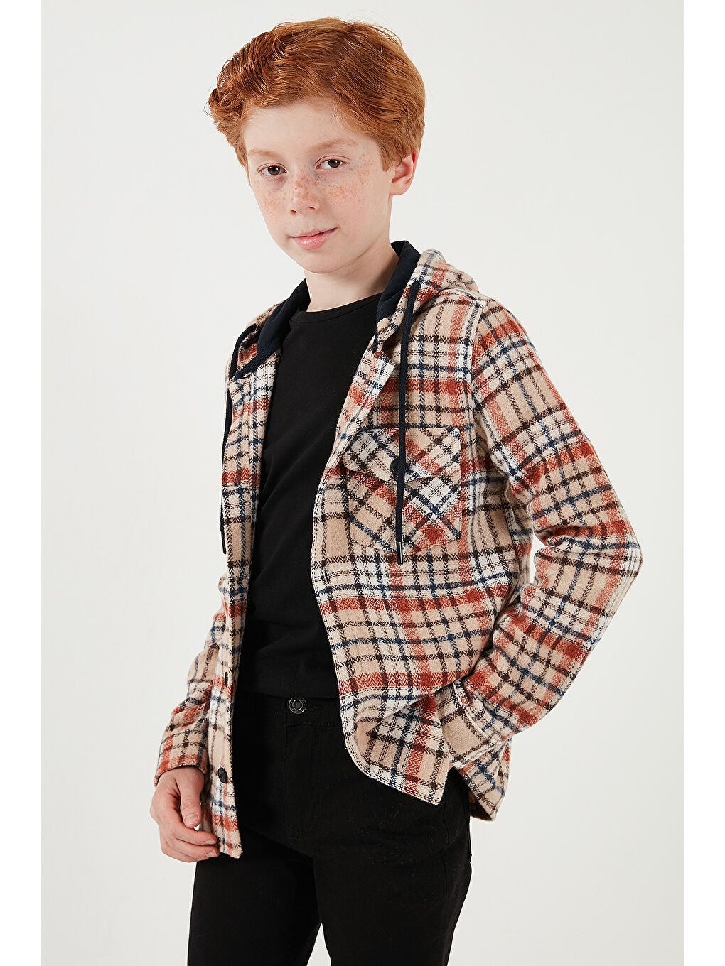 Bej Kapüşonlu Çift Cepli Ekoseli Kışlık Oduncu Erkek Çocuk Gömlek CF24W81778-1