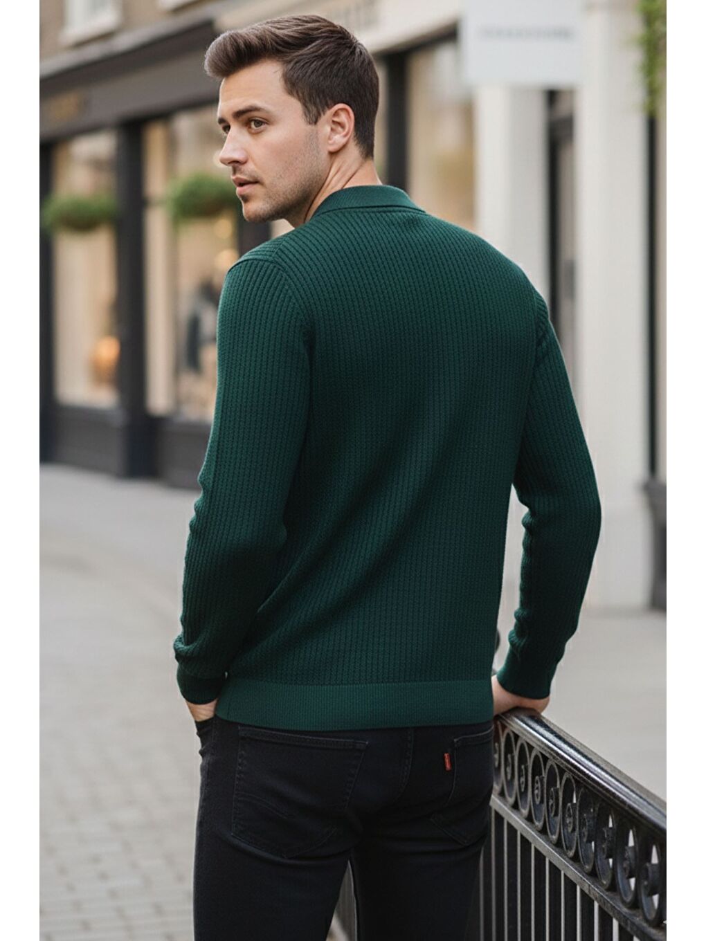 Yeşil Erkek Polo Yaka Elastanlı Triko Kazak-2