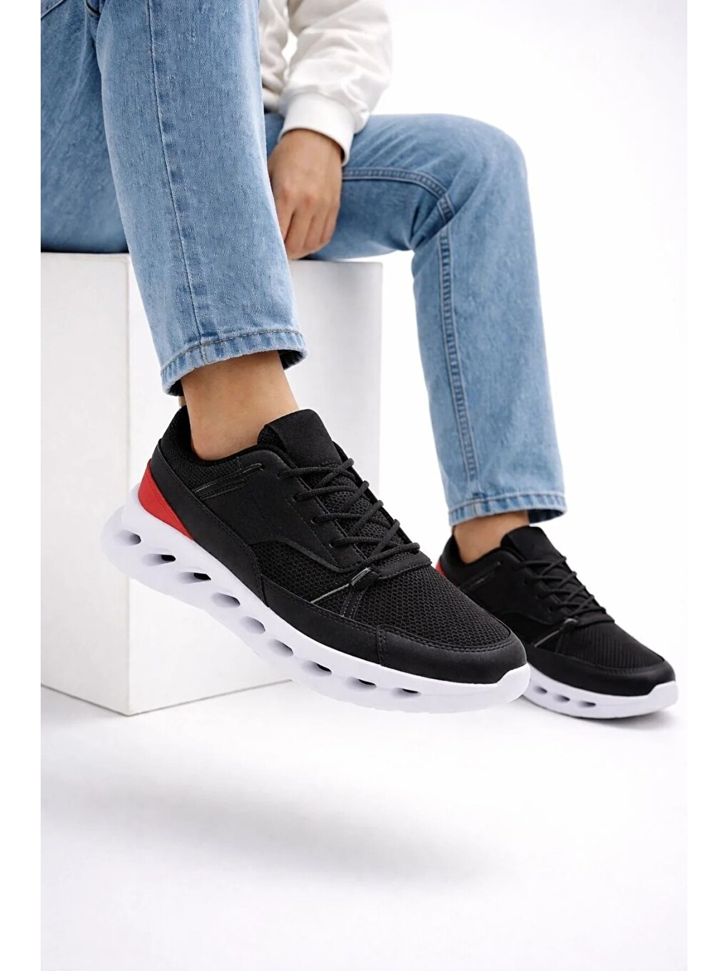 Siyah Erkek Beyaz Street Style Sneaker Hafif Esnek Taban Günlük Kullanım Spor Yürüyüş Ayakkabısı-3
