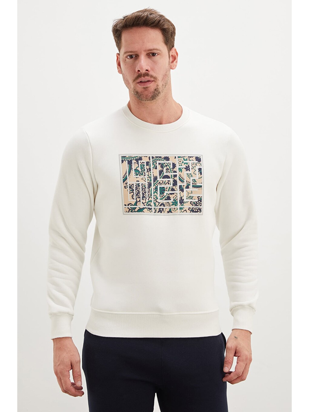 Ekru 3 İplik Çiçekli Labirent Baskılı Bisiklet Yaka Sweatshirt-2
