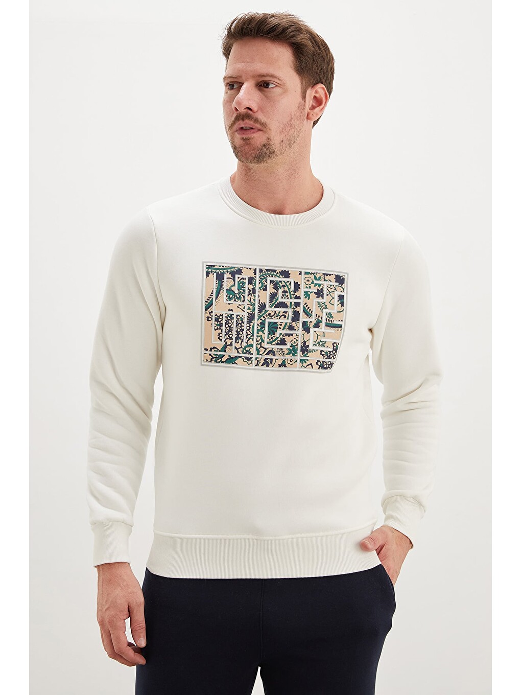 Ekru 3 İplik Çiçekli Labirent Baskılı Bisiklet Yaka Sweatshirt-3