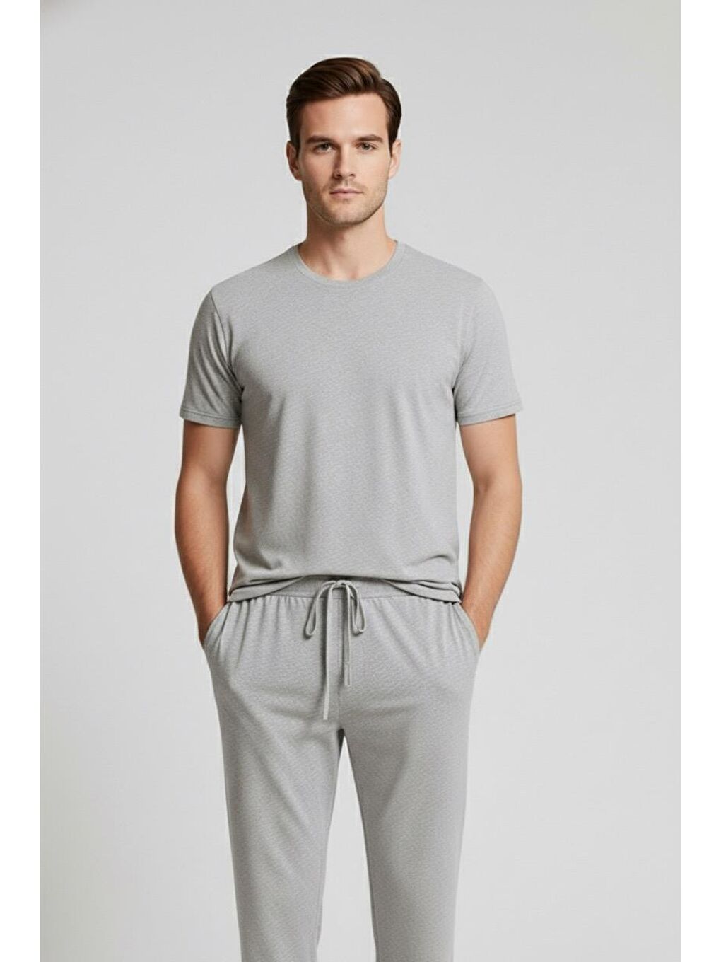 Gri Erkek Kısa Kollu Basic Esnek Elastanlı Viskoz T-shirt MAN01