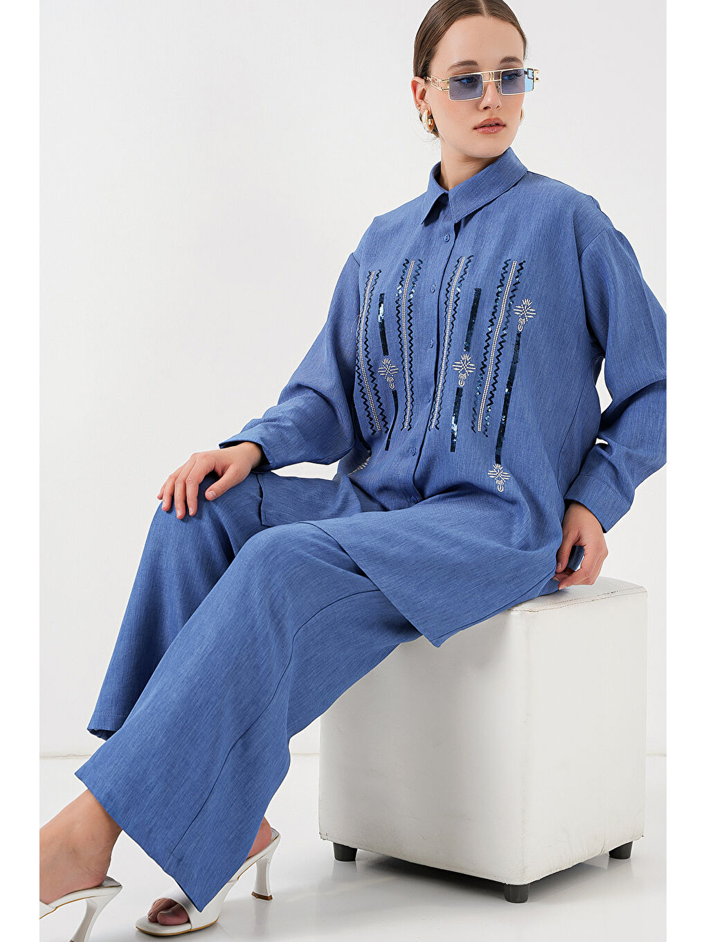 Desenli Tunik Pantolon İkili Takım 6720 - İndigo-1