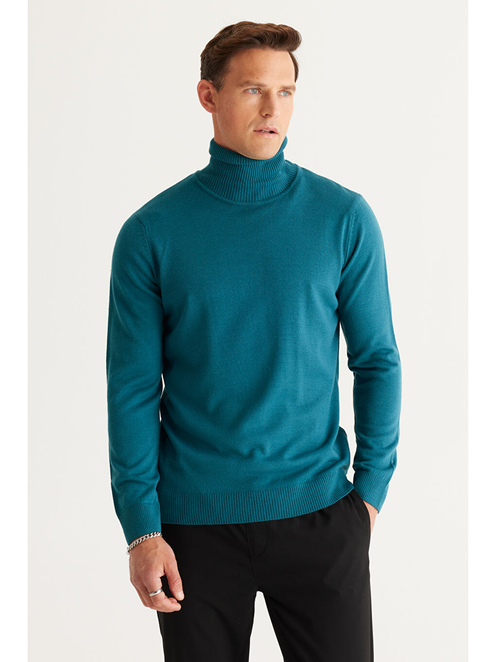 Erkek Petrol Standart Fit Tüylenme Yapmayan Tam Balıkçı Yaka Triko Kazak-3