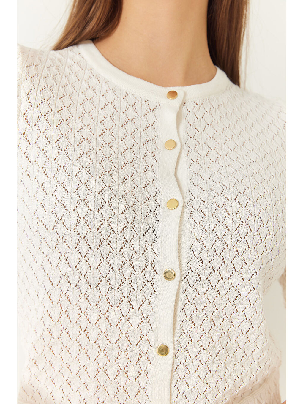 Ekru Kadın Ajurlu Düğme Kapamalı Uzun Kollu Triko Hırka-4