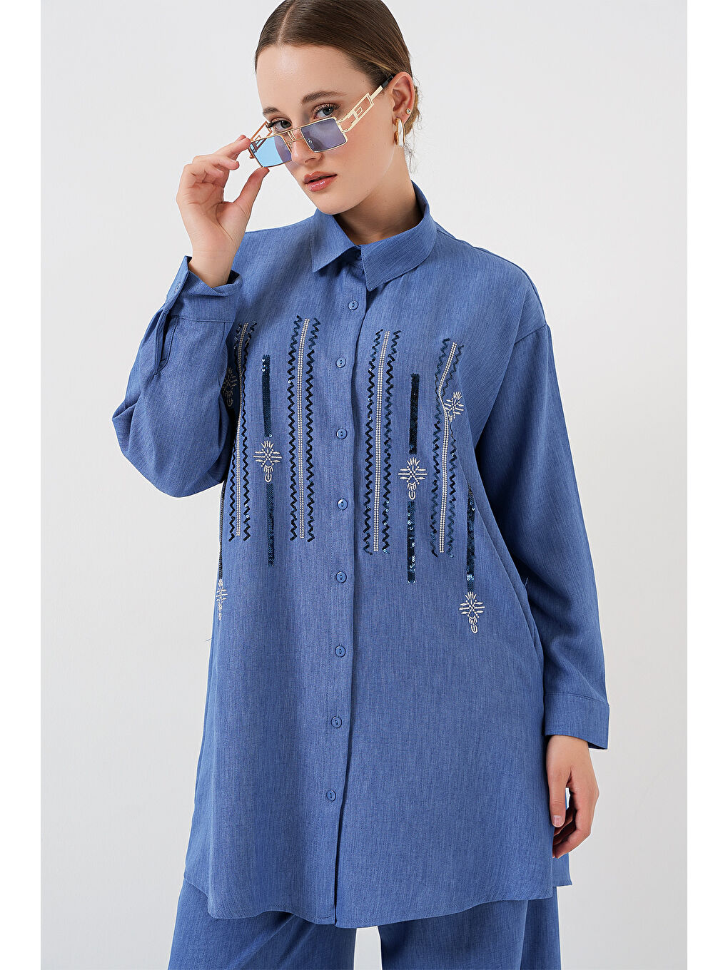 Desenli Tunik Pantolon İkili Takım 6720 - İndigo-2