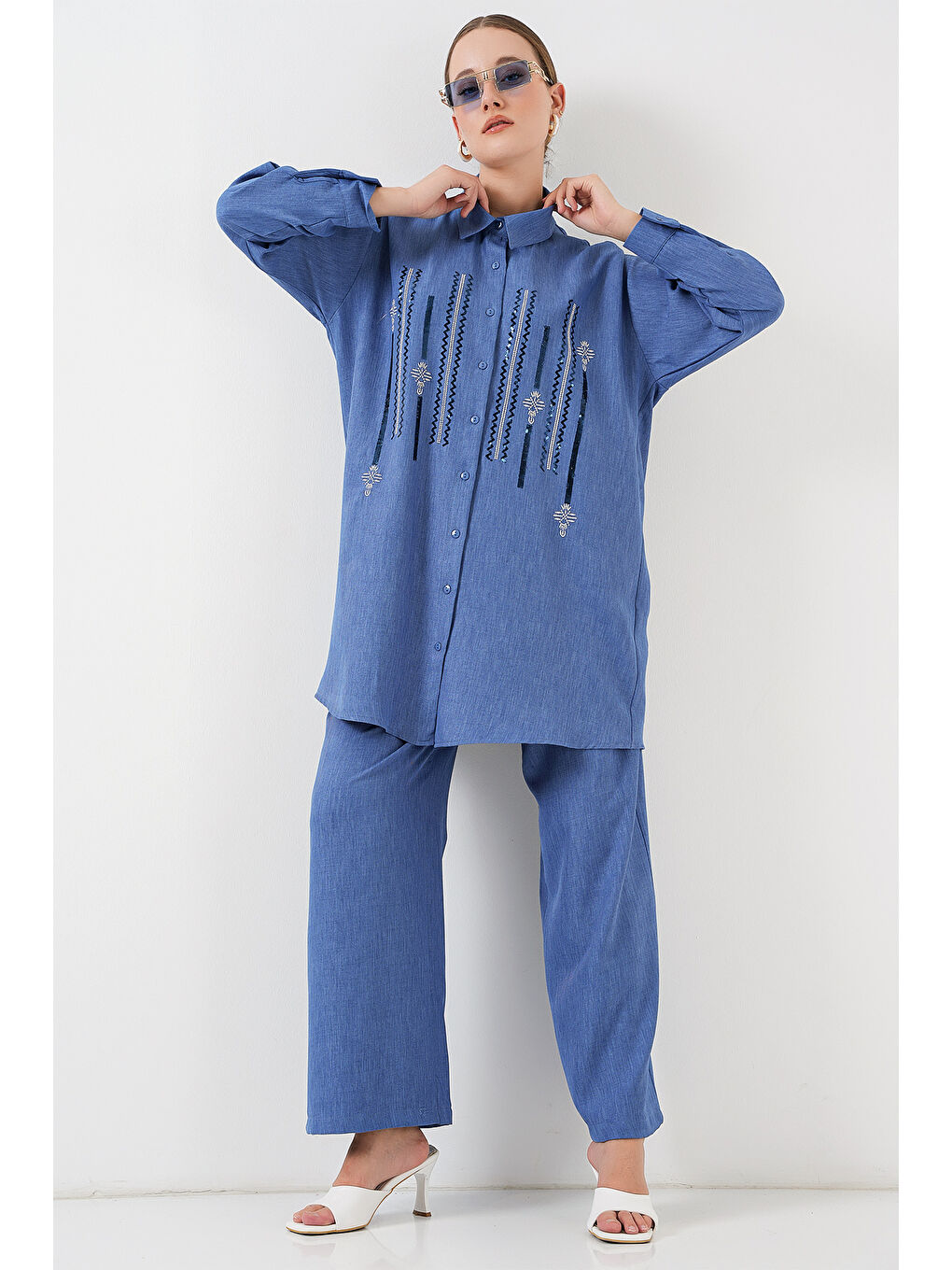 Desenli Tunik Pantolon İkili Takım 6720 - İndigo-3