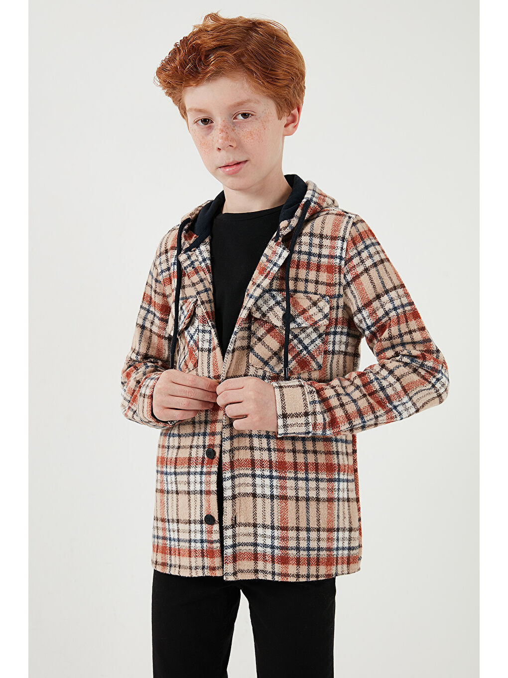Bej Kapüşonlu Çift Cepli Ekoseli Kışlık Oduncu Erkek Çocuk Gömlek CF24W81778-2