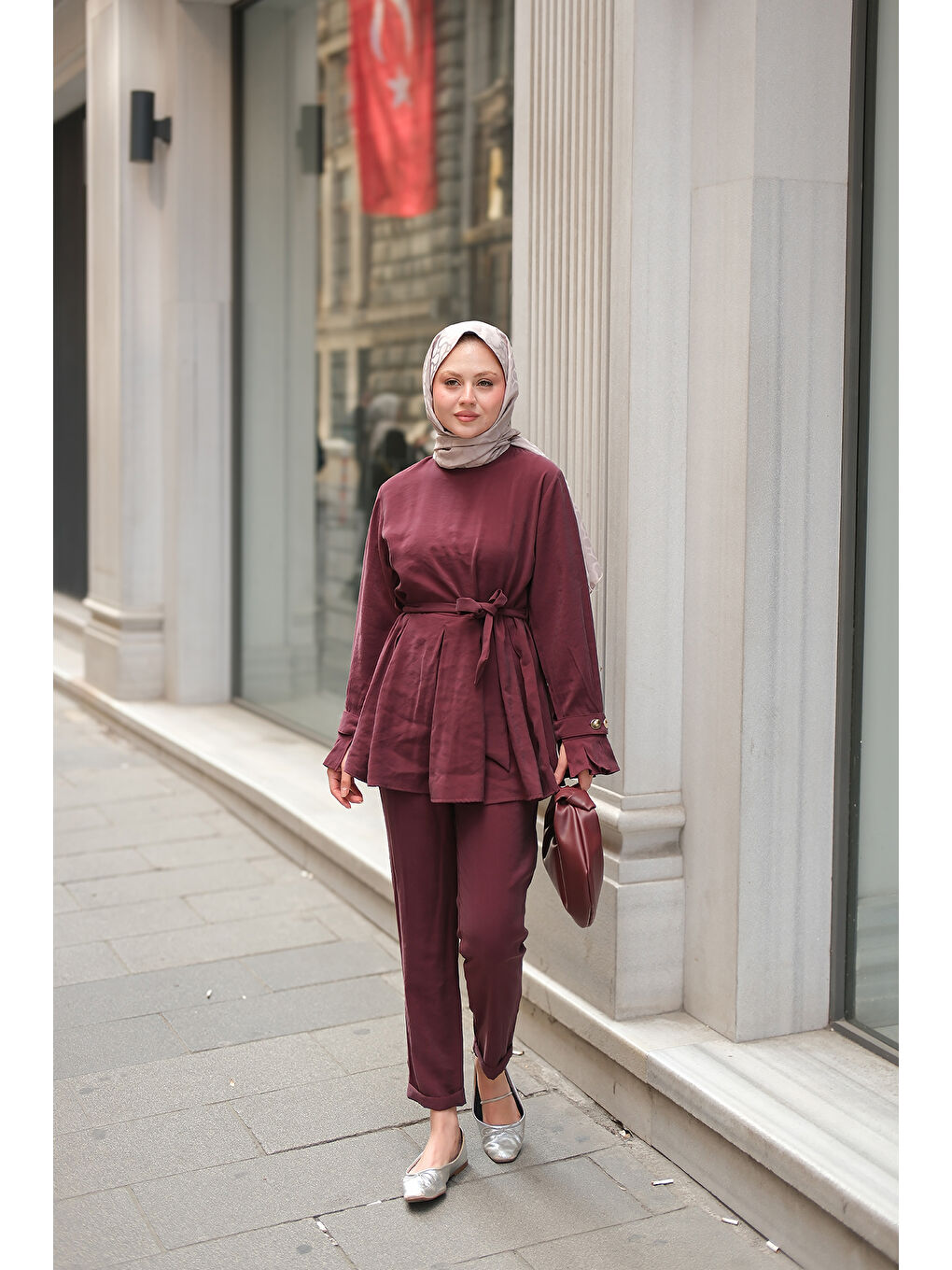 Kadın Eteği Pileli Armani Modal Takım Bordo-1