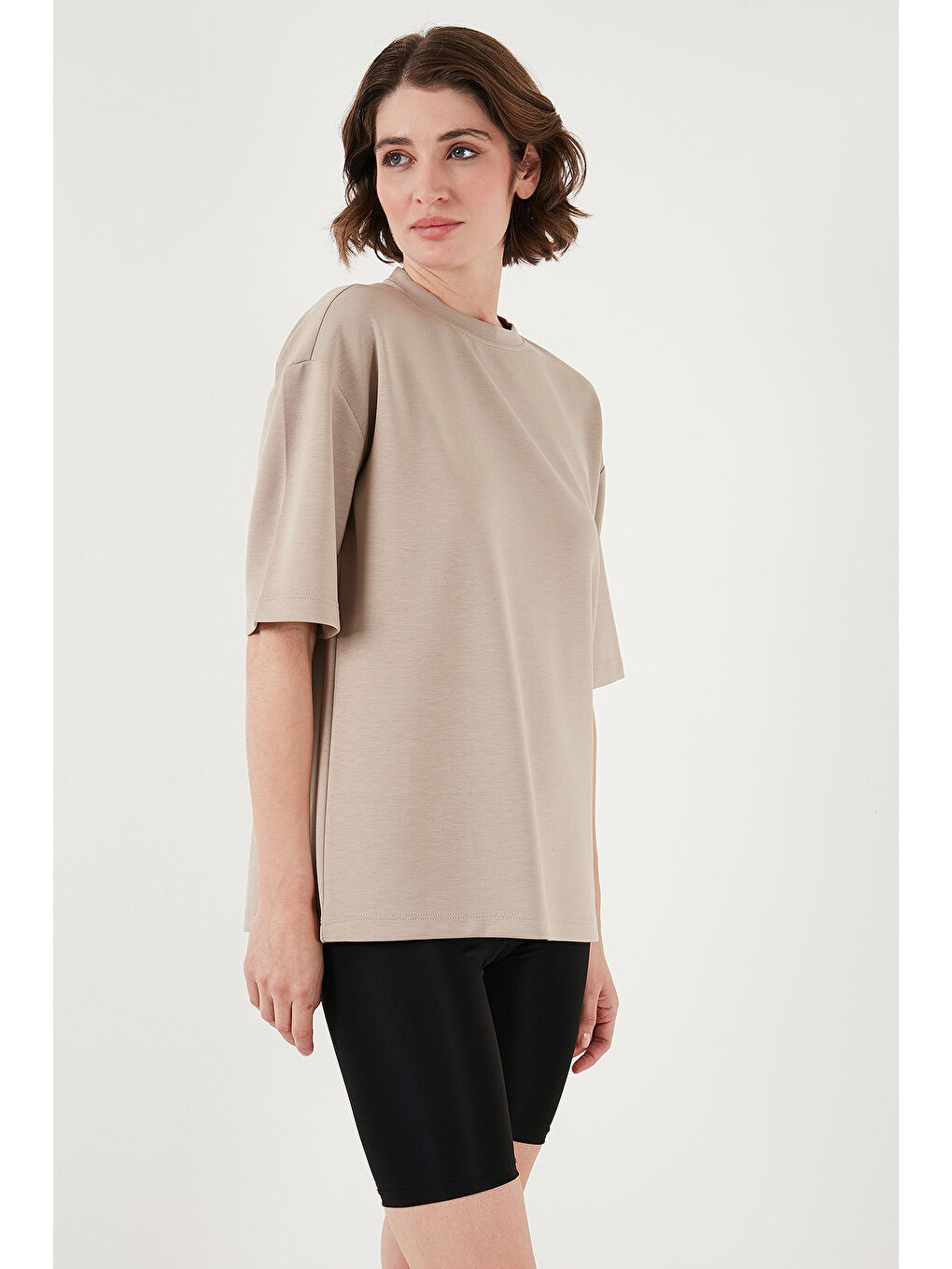 Gri Streç Oversize Fit Bisiklet Yaka T Shirt 5865911-3