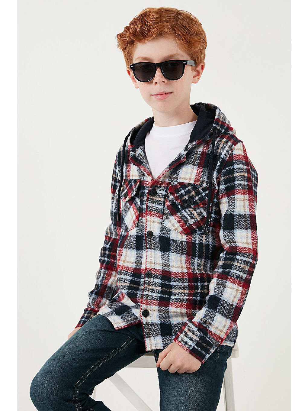 Lacivert Kapüşonlu Çift Cepli Ekoseli Kışlık Oduncu Erkek Çocuk Gömlek CF24W81778