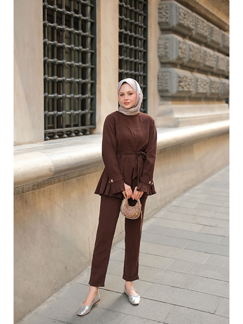 Kadın Eteği Pileli Armani Modal Takım Kahverengi