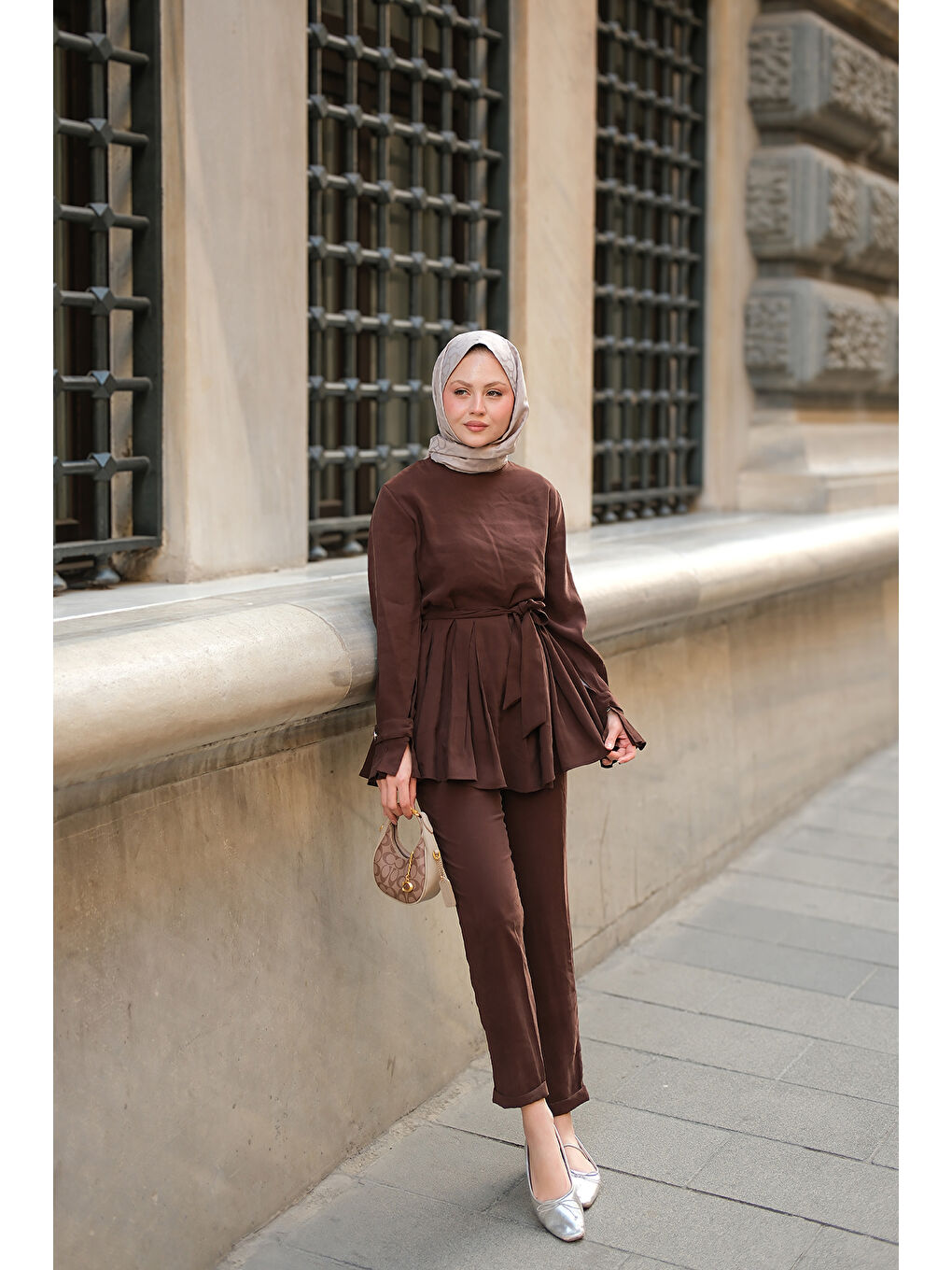 Kadın Eteği Pileli Armani Modal Takım Kahverengi-1
