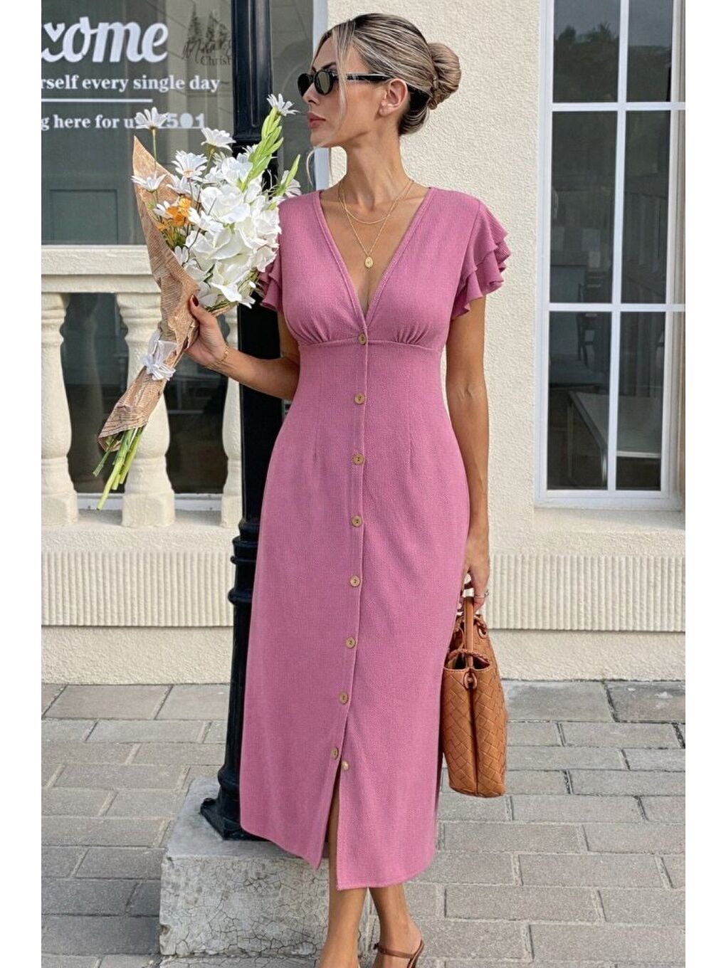 Pembe Kadın Kısa Kollu V Yakalı önden Düğmeli Bürümcük Midi Elbise-3