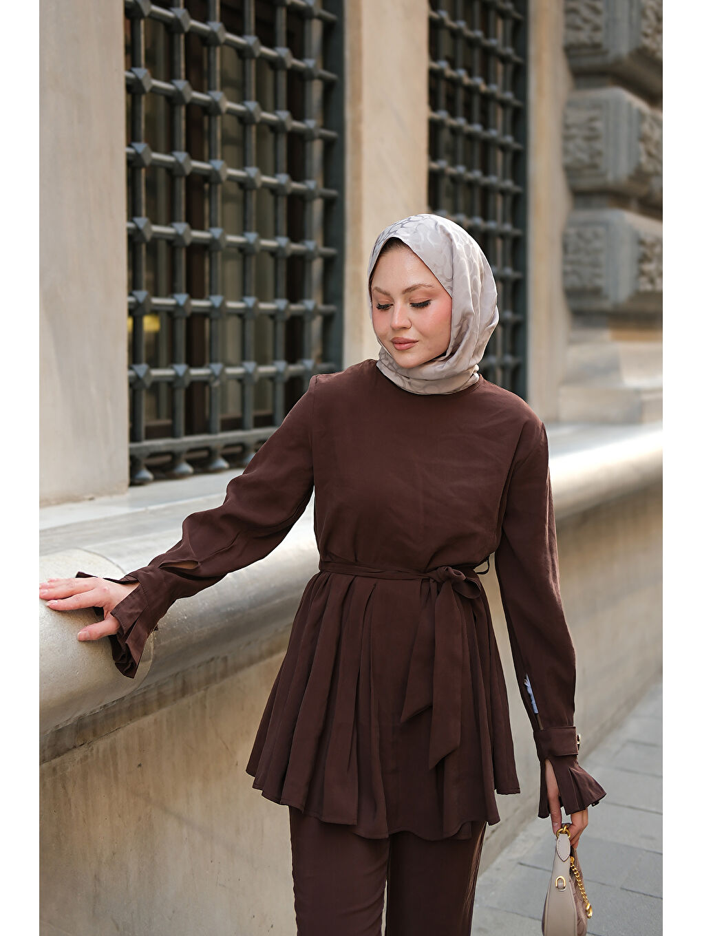 Kadın Eteği Pileli Armani Modal Takım Kahverengi-3