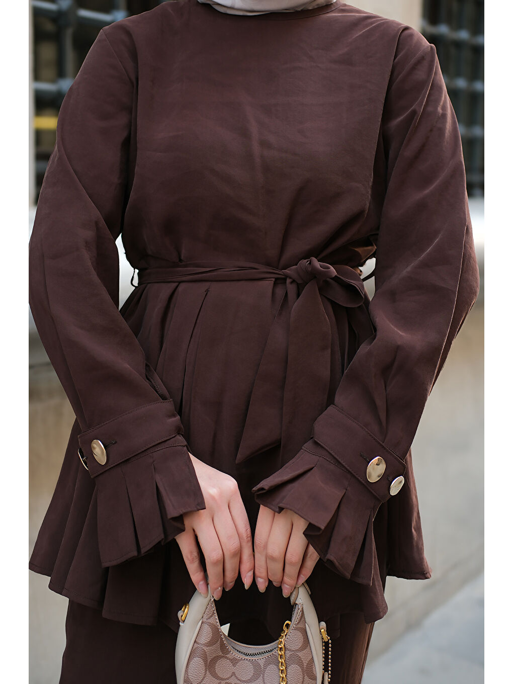 Kadın Eteği Pileli Armani Modal Takım Kahverengi-4