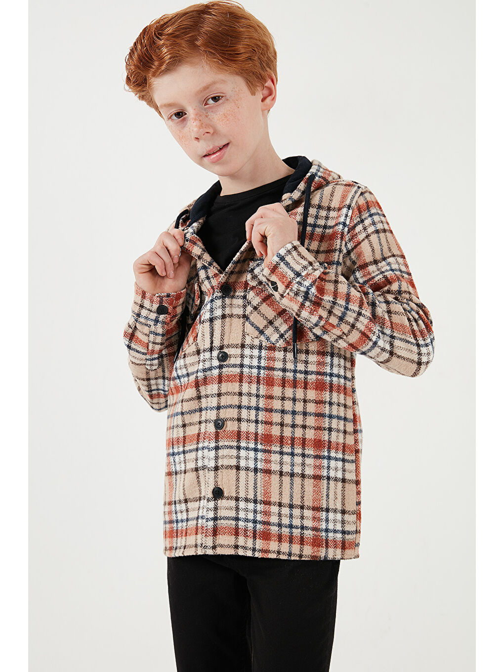Bej Kapüşonlu Çift Cepli Ekoseli Kışlık Oduncu Erkek Çocuk Gömlek CF24W81778-3