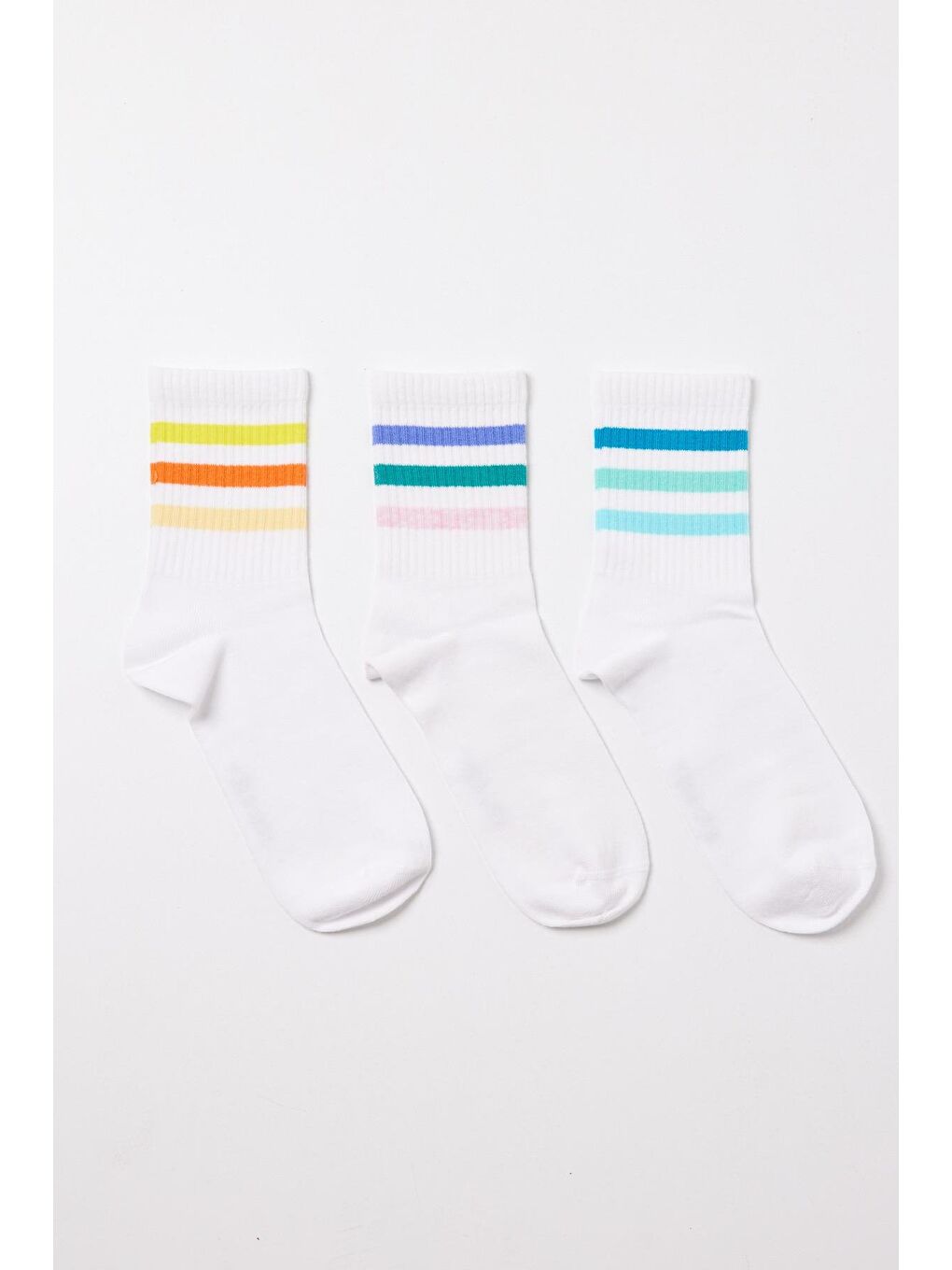 Çocuk Renkli Şeritli 3'Lü Paket Soket Çorap Beyaz