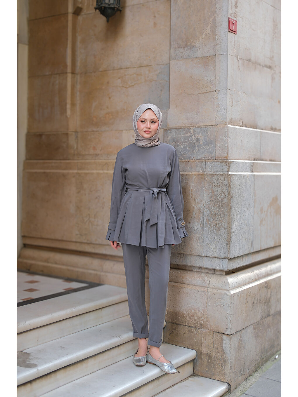 Kadın Eteği Pileli Armani Modal Takım Gri-1