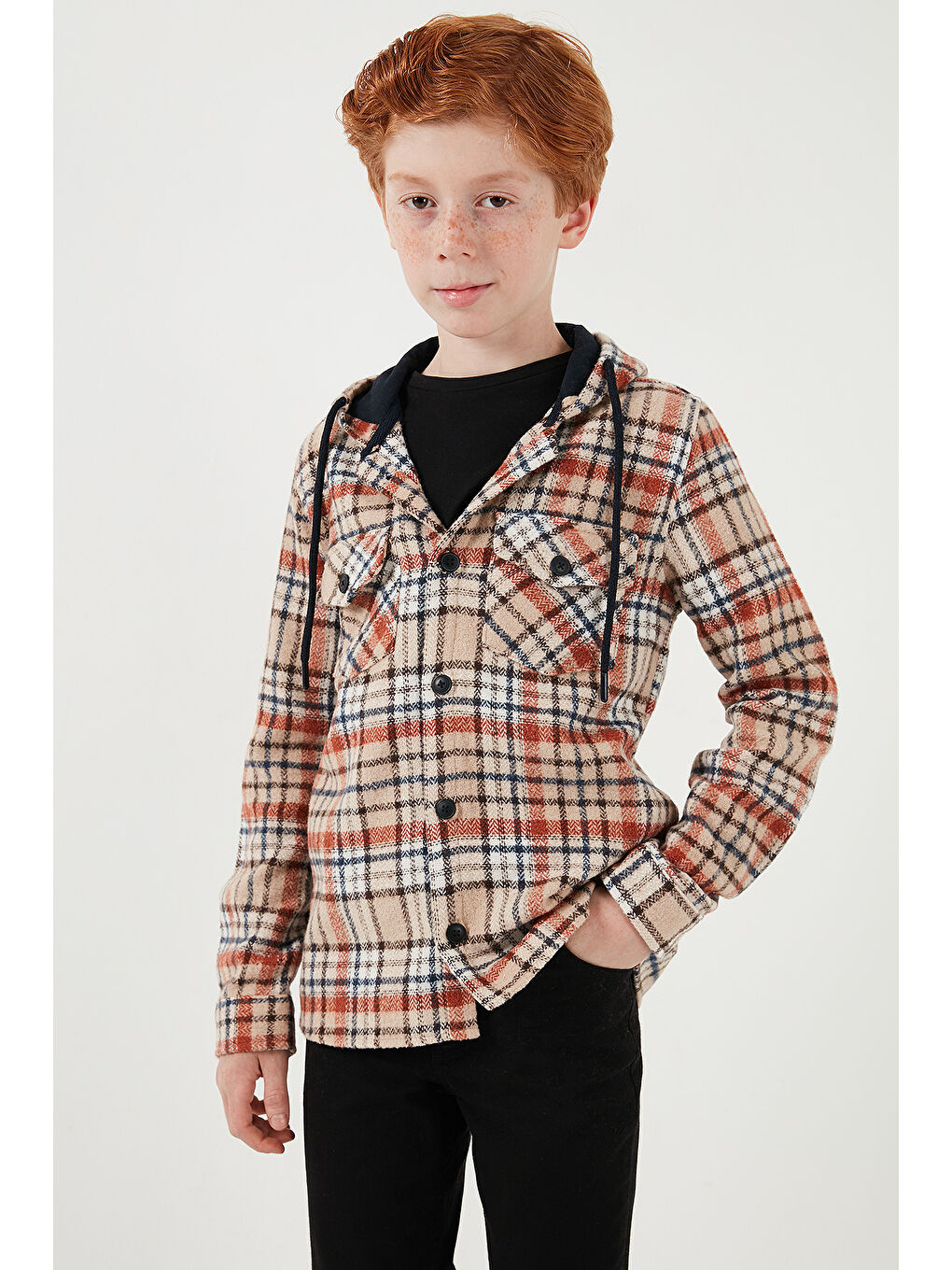Bej Kapüşonlu Çift Cepli Ekoseli Kışlık Oduncu Erkek Çocuk Gömlek CF24W81778-4