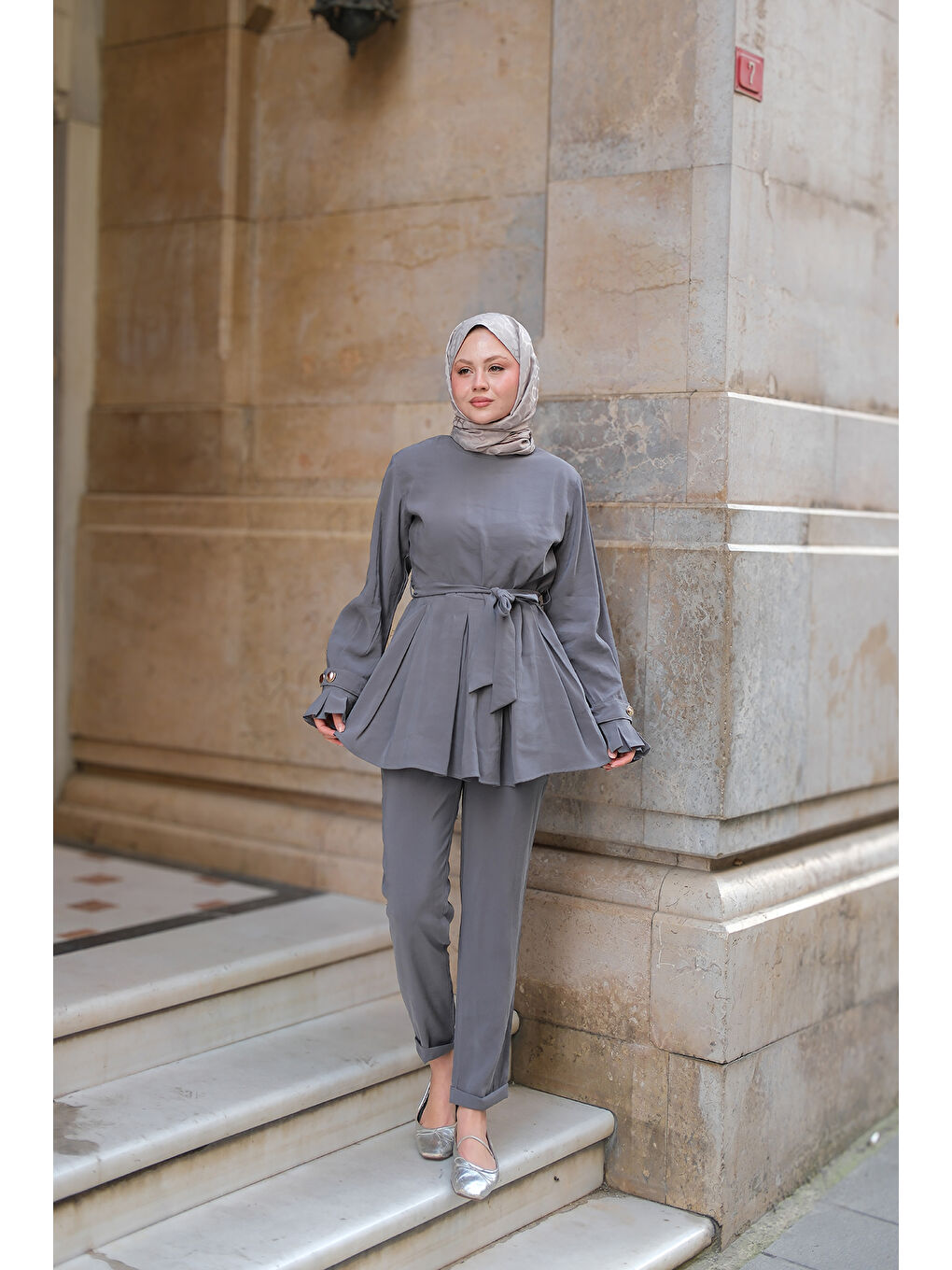 Kadın Eteği Pileli Armani Modal Takım Gri-2