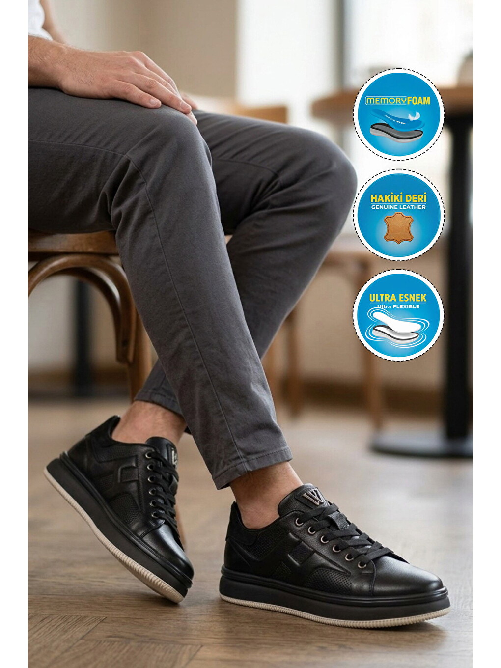 Siyah Hakiki Deri Erkek Casual Sneaker Memory Taban Premium Casual Ayakkabı M030 M-2