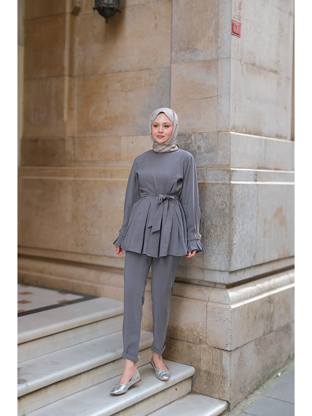 Kadın Eteği Pileli Armani Modal Takım Gri-3