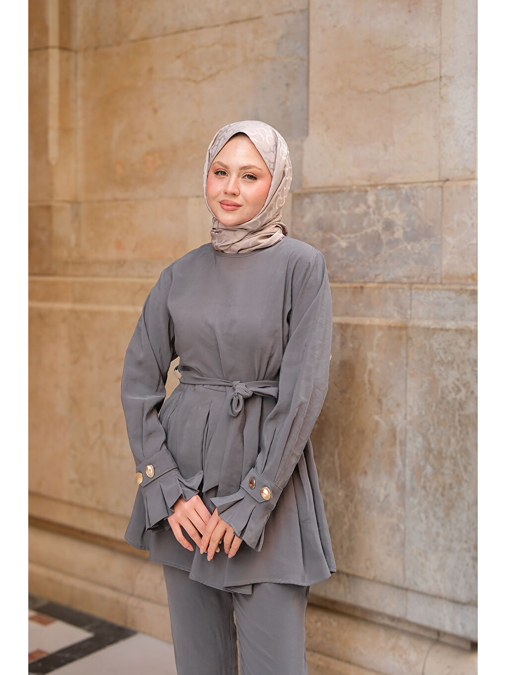 Kadın Eteği Pileli Armani Modal Takım Gri-4