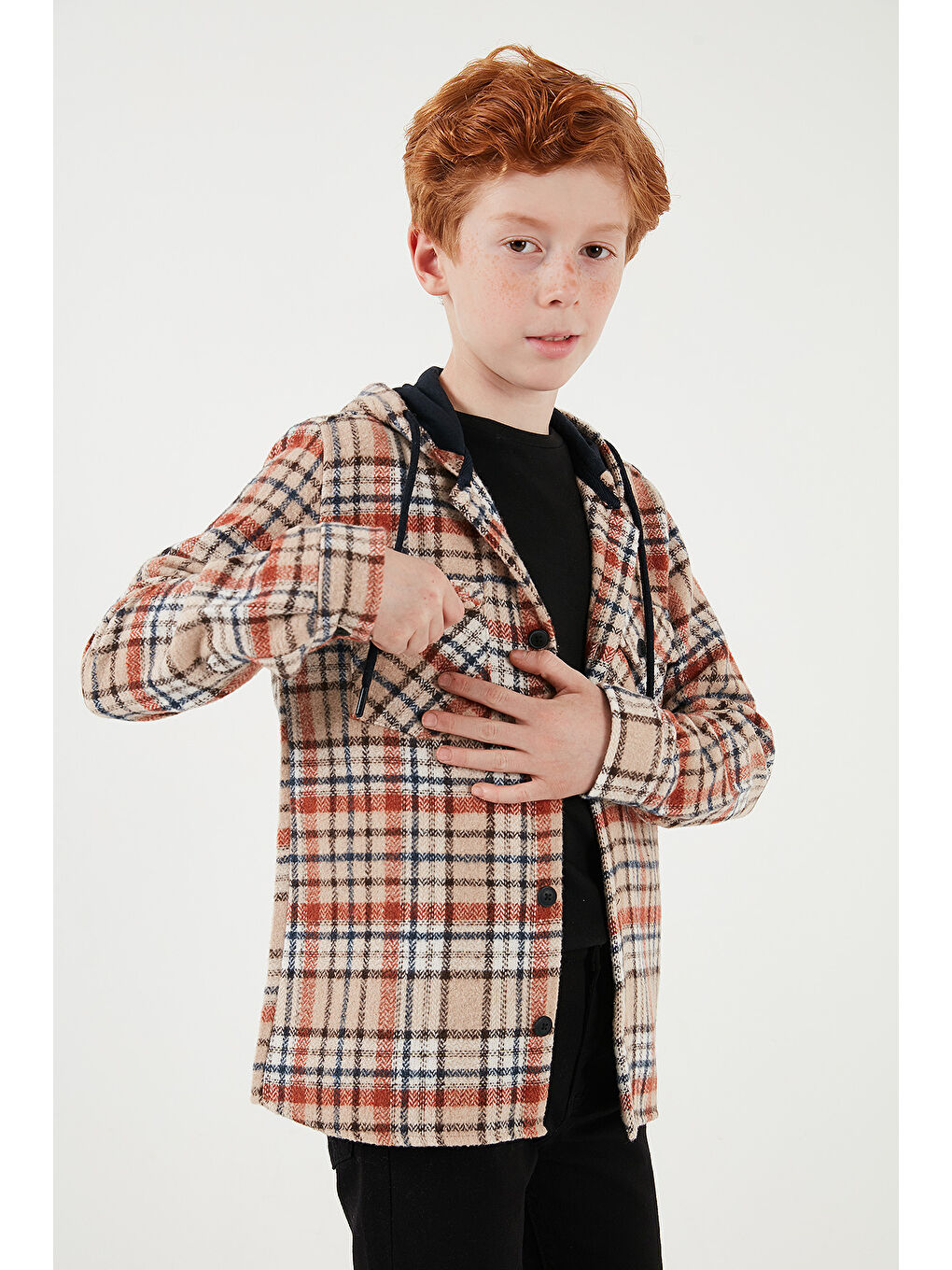 Bej Kapüşonlu Çift Cepli Ekoseli Kışlık Oduncu Erkek Çocuk Gömlek CF24W81778-5