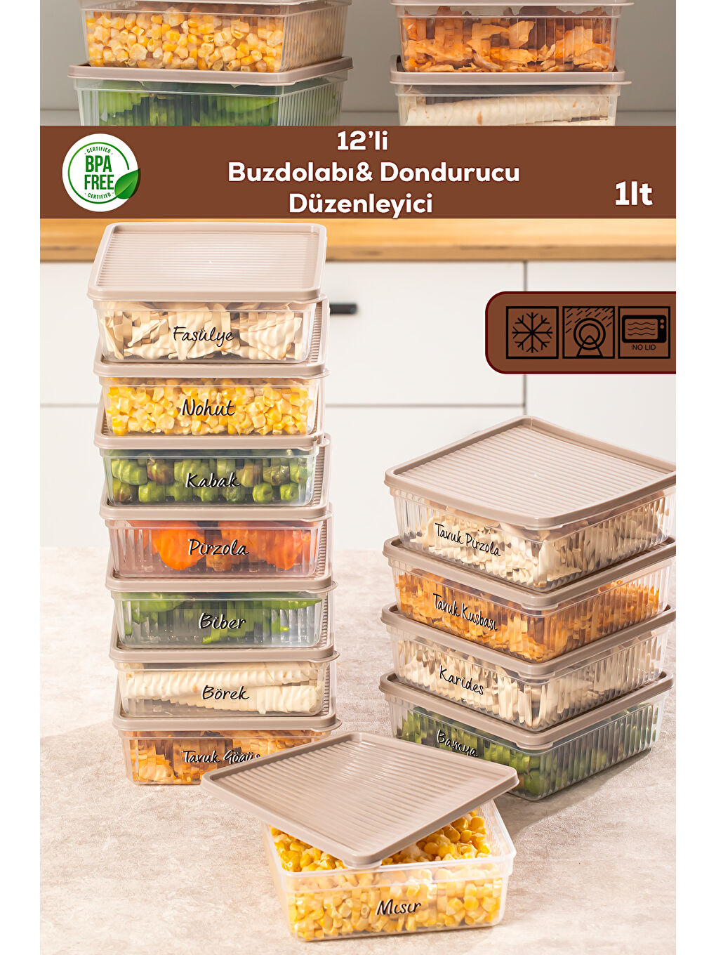 Kahverengi 5308 12li Buzdolabı Saklama Kabı Seti - BPA İçermez, Gıda Saklama Kabı, Kapicino, 1 Lt
