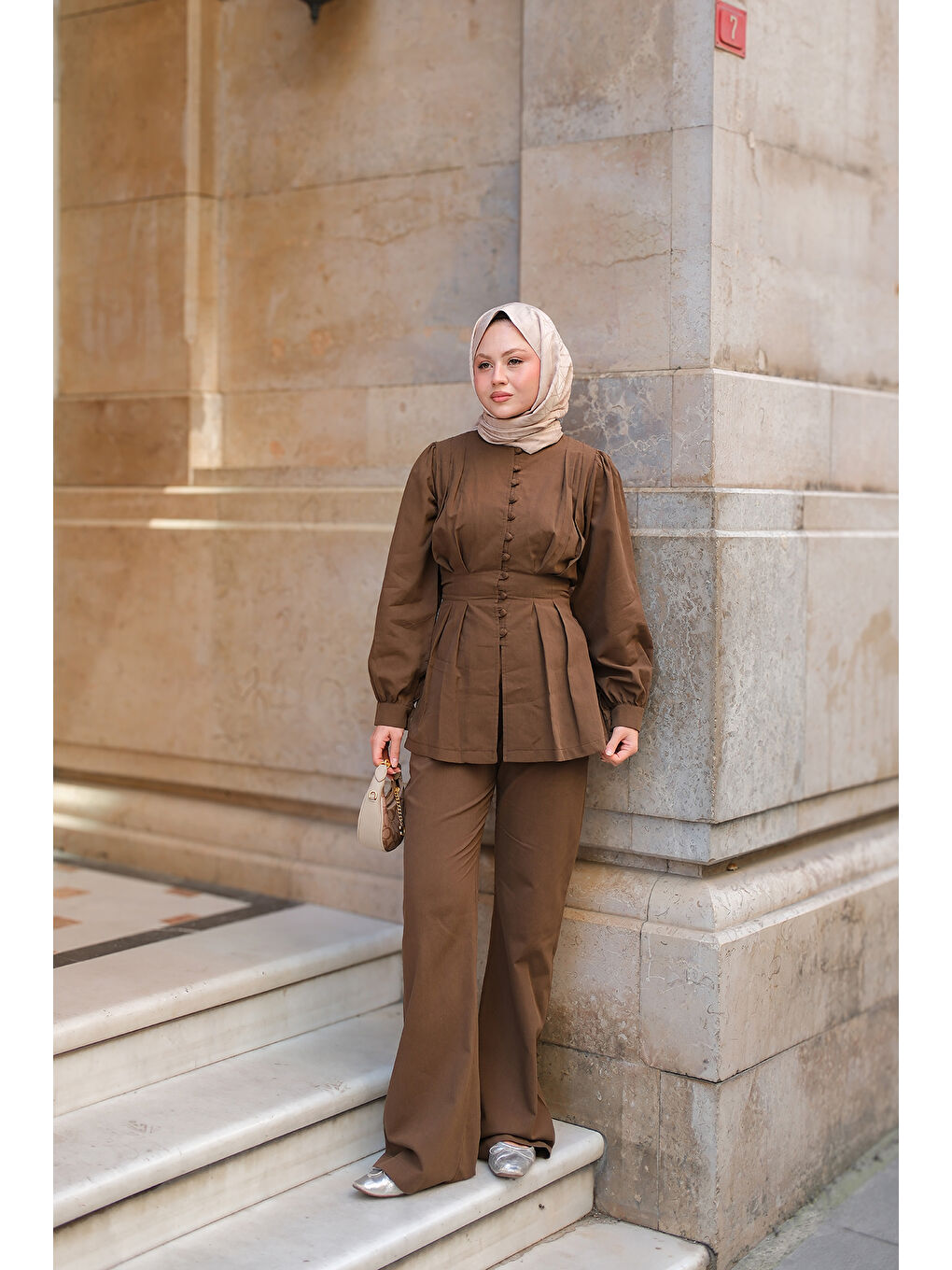 Kadın Beli Pens Detaylı Takım Kahverengi-1