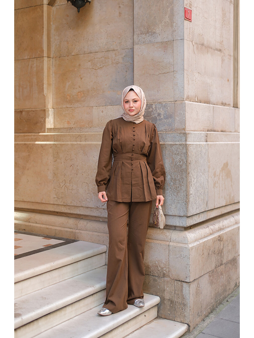 Kadın Beli Pens Detaylı Takım Kahverengi-2