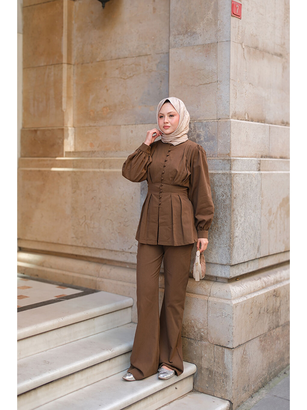 Kadın Beli Pens Detaylı Takım Kahverengi-3