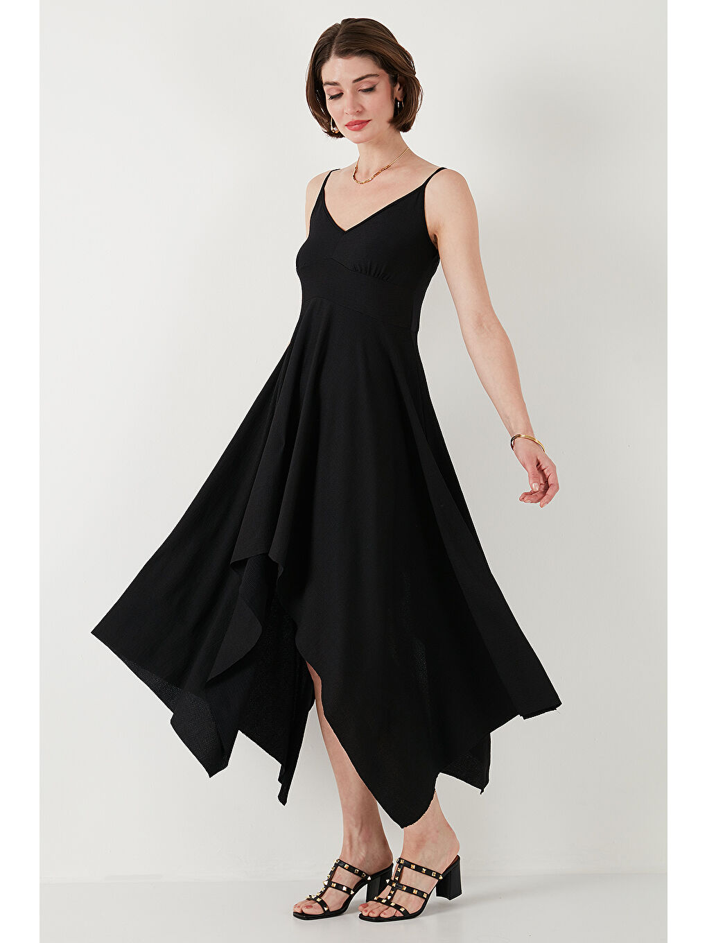 Siyah Asimetrik Kesim Regular Fit Midi Boy Askılı V Yaka Elbise 5866131-4