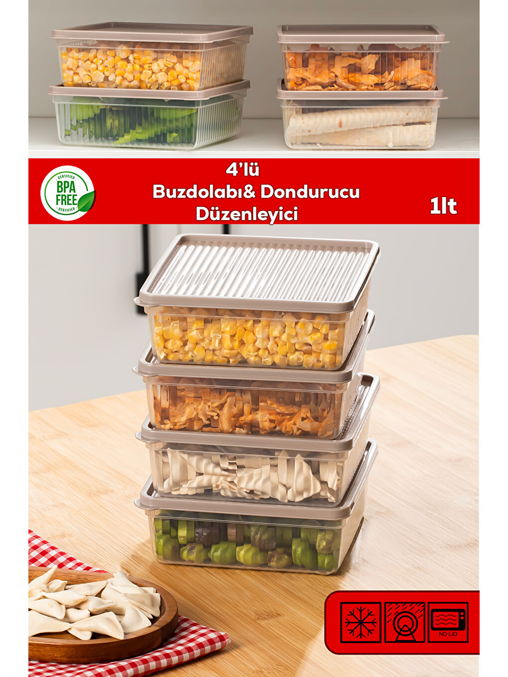 Kahverengi 5306 4lü Buzdolabı Saklama Kabı Seti - BPA İçermez, Gıda Saklama Kabı, Kapicino, 1 Lt