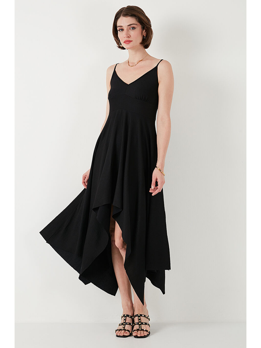 Siyah Asimetrik Kesim Regular Fit Midi Boy Askılı V Yaka Elbise 5866131-5