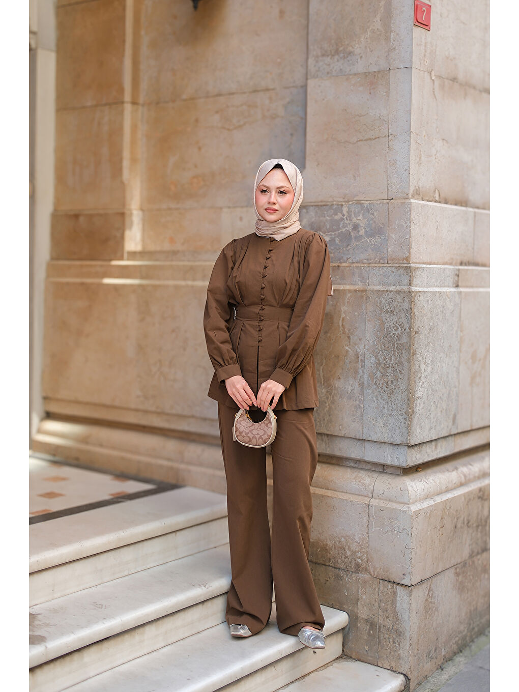 Kadın Beli Pens Detaylı Takım Kahverengi-4