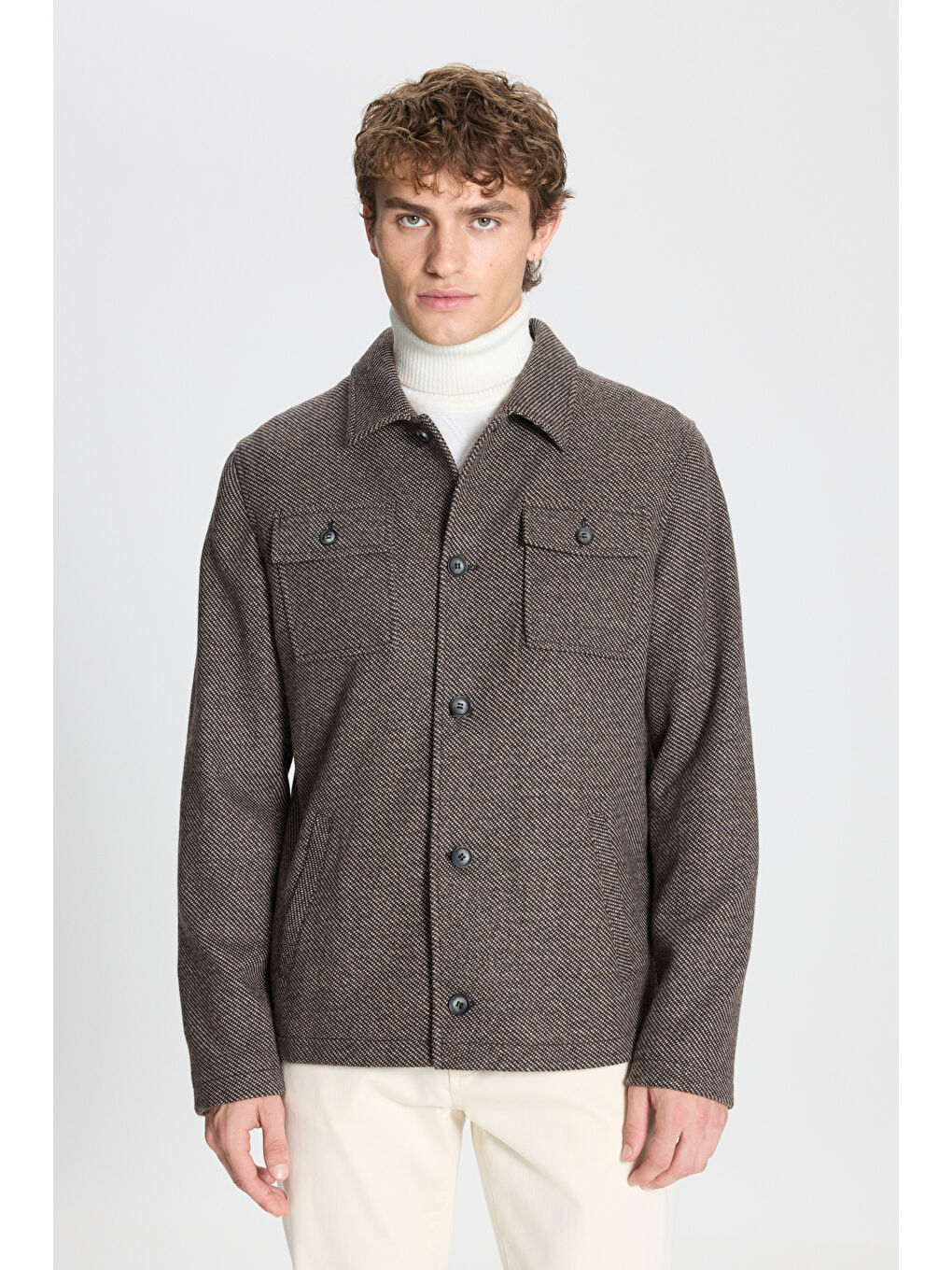 Kahverengi Erkek Kahve-Bej Comfort Fit Rahat Kesim Gömlek Yaka Desenli Ceket Gömlek