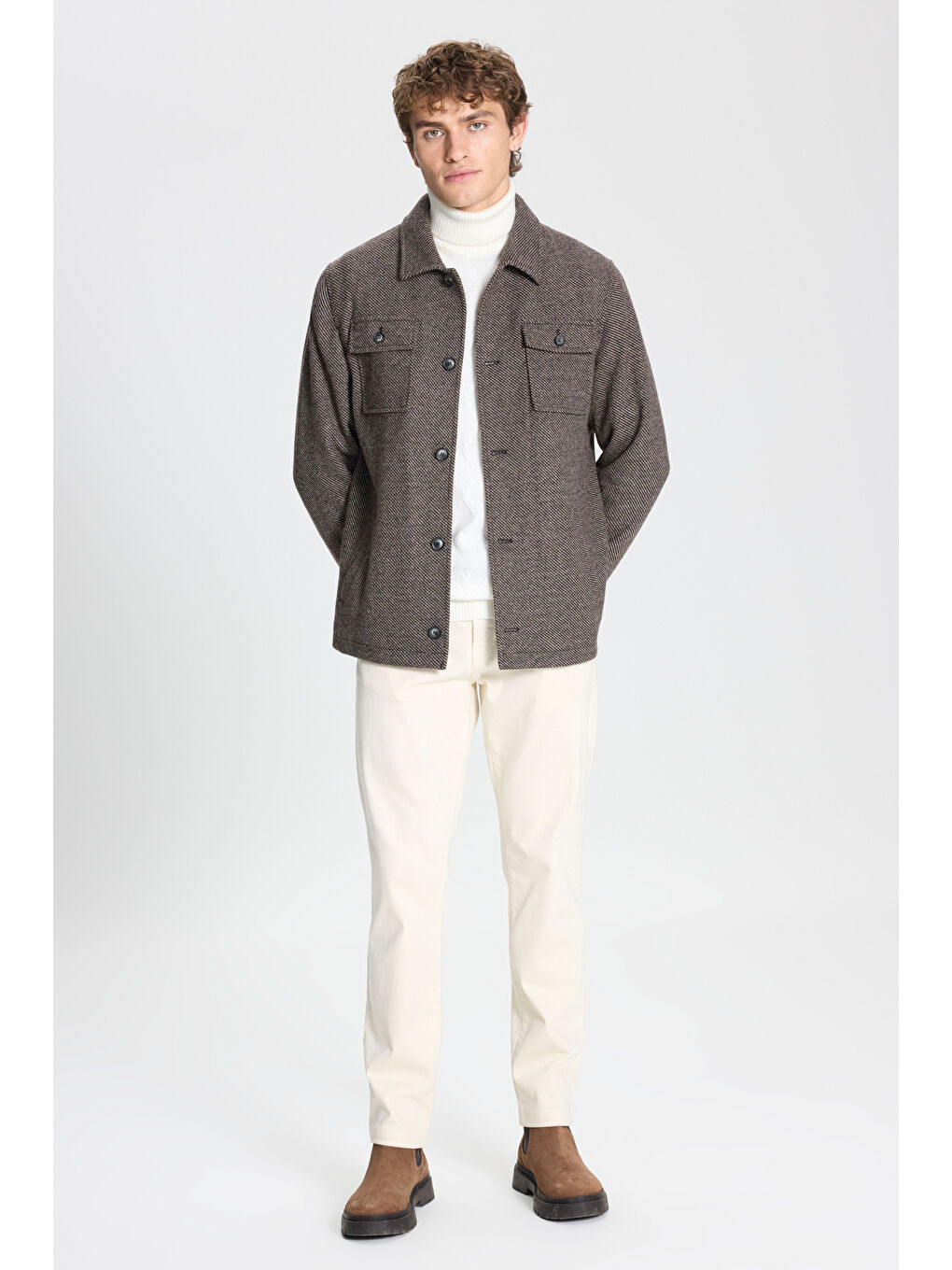 Kahverengi Erkek Kahve-Bej Comfort Fit Rahat Kesim Gömlek Yaka Desenli Ceket Gömlek-1